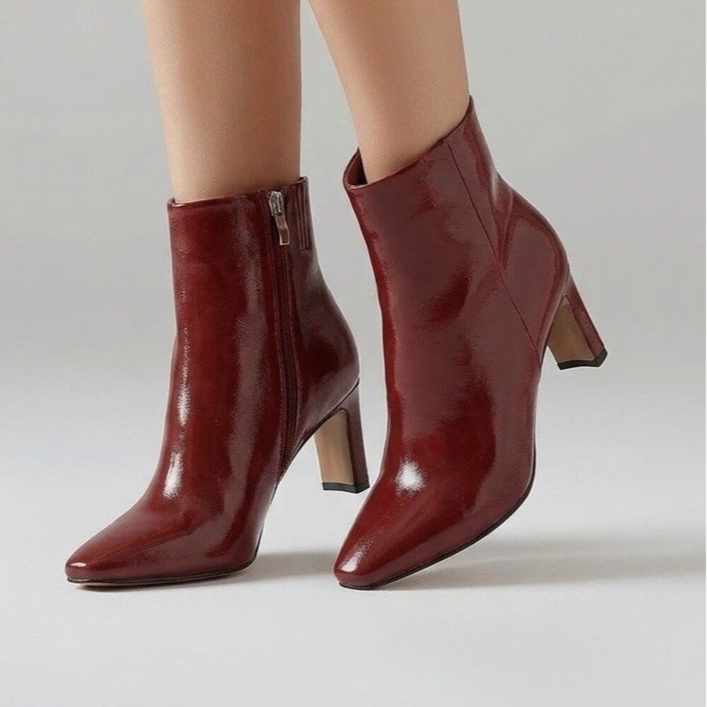 Sexy Women's High Heel Pointy Toe Side Zip Block Heels SIZE 9.5 Ankle Boots Red